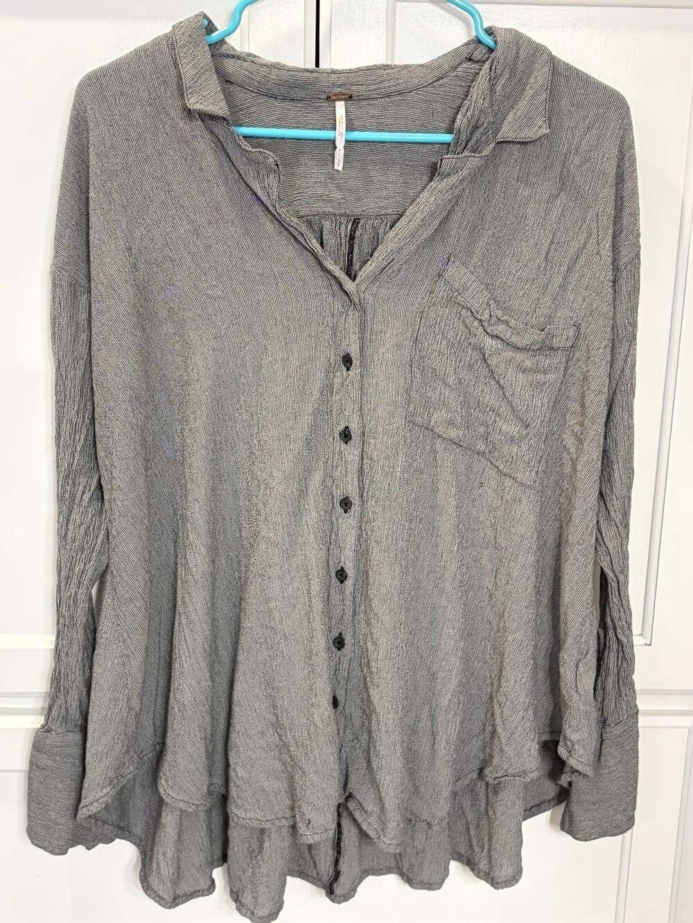 Free People Gray Pinstripe Button Down Shirt Small Oversized Boho Tunic Top S/P